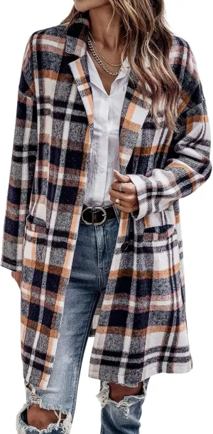 CHARTOU Women's Plaid Shacket Causal Notched Collar Wool Blend Tartan Blazer Trench Coat
