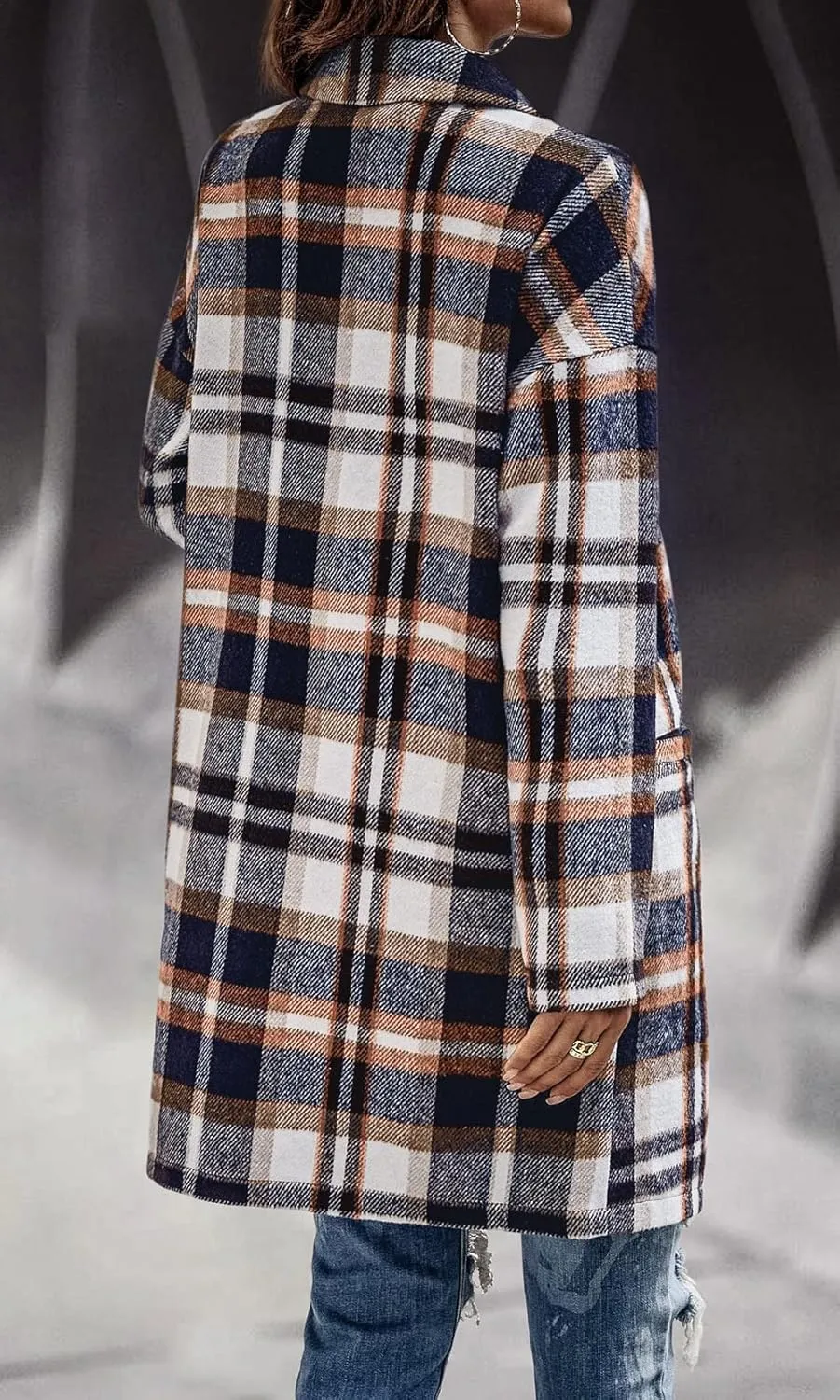 CHARTOU Women's Plaid Shacket Causal Notched Collar Wool Blend Tartan Blazer Trench Coat