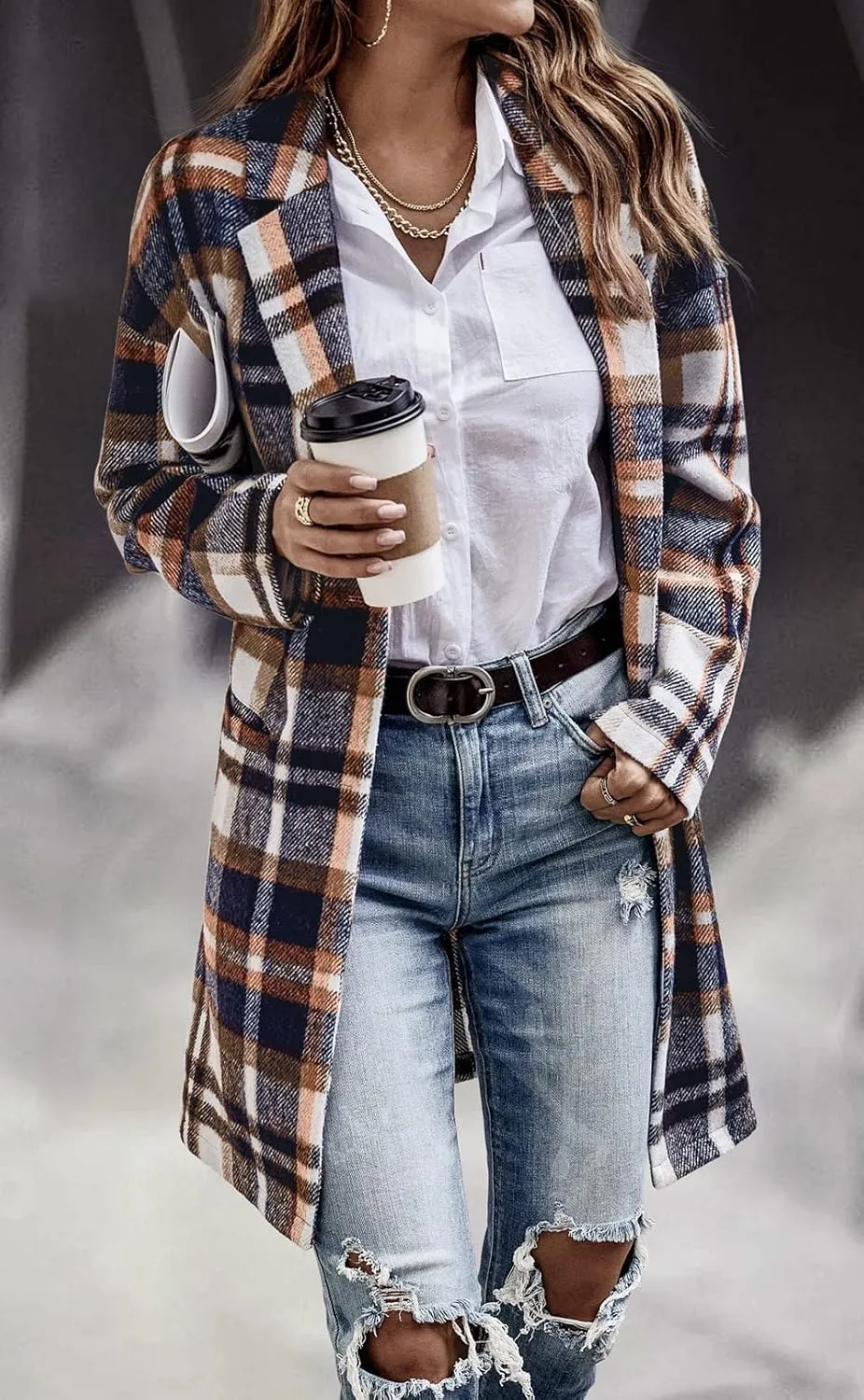 CHARTOU Women's Plaid Shacket Causal Notched Collar Wool Blend Tartan Blazer Trench Coat