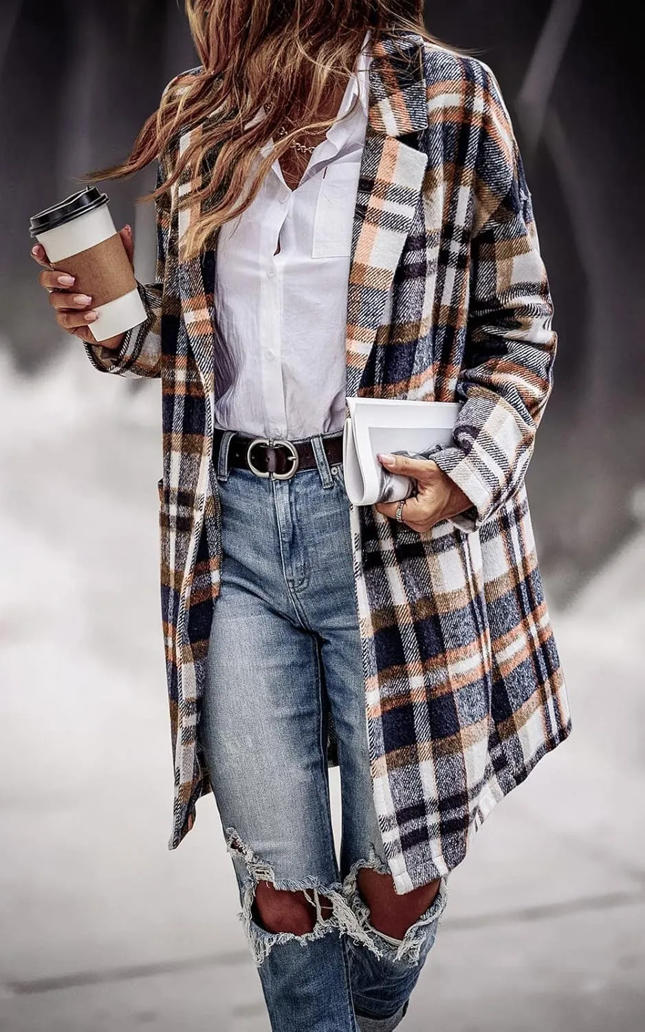 CHARTOU Women's Plaid Shacket Causal Notched Collar Wool Blend Tartan Blazer Trench Coat