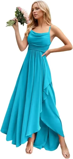 Chiffon Bridesmaid Dresses for Women Spaghetti Straps Long Ruched A Line Formal Evening Party Gowns with Slit