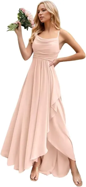 Chiffon Bridesmaid Dresses for Women Spaghetti Straps Long Ruched A Line Formal Evening Party Gowns with Slit