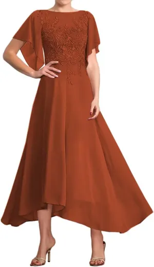 Chiffon Mother of The Bride Dresses for Wedding Short Sleeve Laces Appliques Formal Evening Dresses