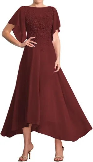 Chiffon Mother of The Bride Dresses for Wedding Short Sleeve Laces Appliques Formal Evening Dresses