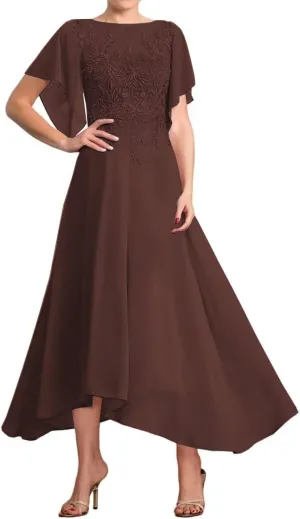 Chiffon Mother of The Bride Dresses for Wedding Short Sleeve Laces Appliques Formal Evening Dresses