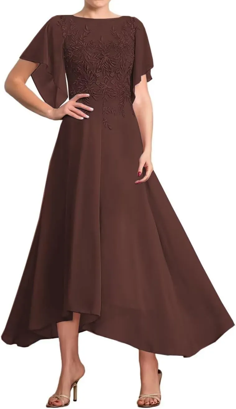 Chiffon Mother of The Bride Dresses for Wedding Short Sleeve Laces Appliques Formal Evening Dresses