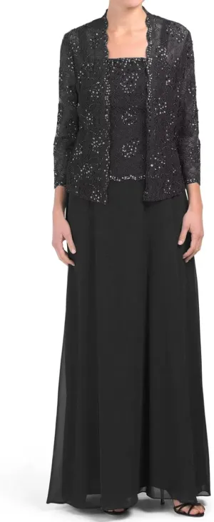Chiffon Mother of The Bride Dresses with Jacket for Wedding 2 Piece Laces Sequin Formal Evening Dresses
