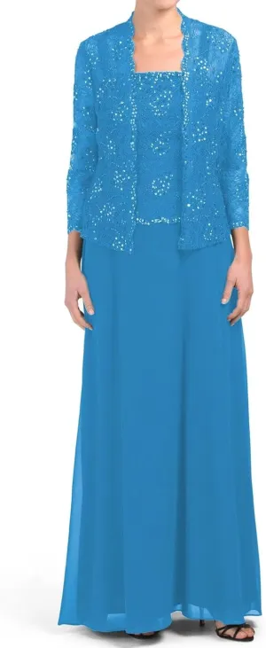 Chiffon Mother of The Bride Dresses with Jacket for Wedding 2 Piece Laces Sequin Formal Evening Dresses