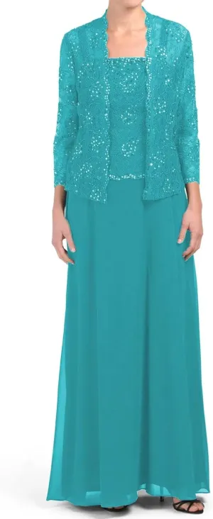 Chiffon Mother of The Bride Dresses with Jacket for Wedding 2 Piece Laces Sequin Formal Evening Dresses