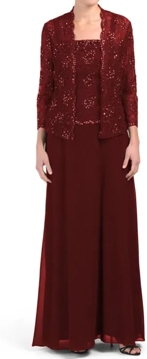 Chiffon Mother of The Bride Dresses with Jacket for Wedding 2 Piece Laces Sequin Formal Evening Dresses