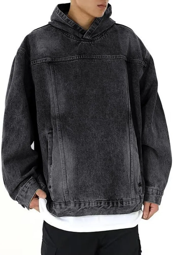 chouyatou Men's Casual Pullover Denim Jacket Vintage Distressed Jean Hoodie Jacket Oversized Sweatshirt Tops