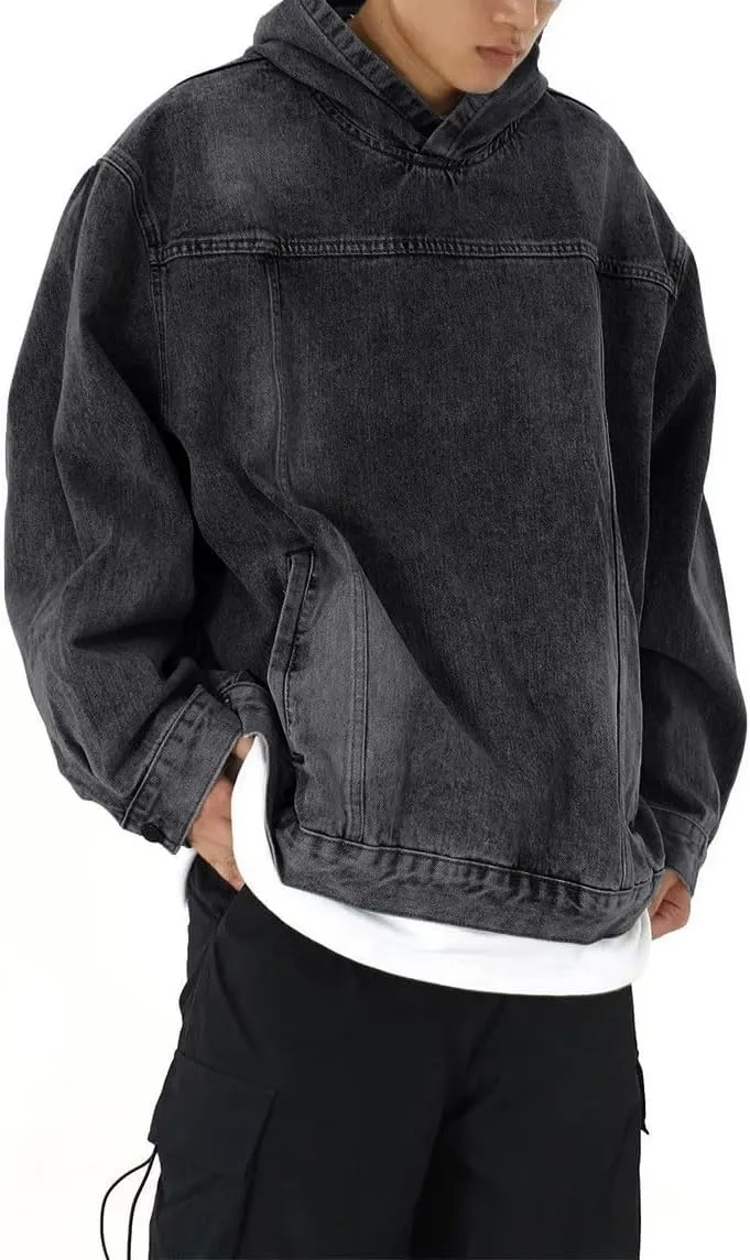 chouyatou Men's Casual Pullover Denim Jacket Vintage Distressed Jean Hoodie Jacket Oversized Sweatshirt Tops