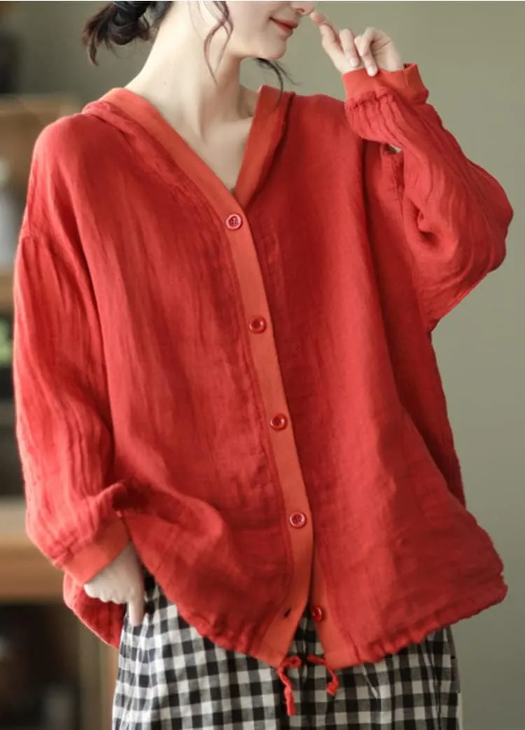 chouyatou Women's Spring Summer Oversized Button Down Hooded Linen Shirt Jacket Top