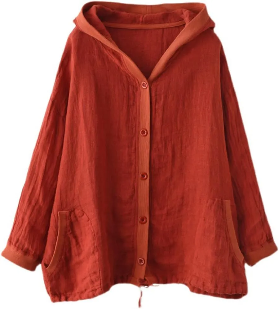 chouyatou Women's Spring Summer Oversized Button Down Hooded Linen Shirt Jacket Top