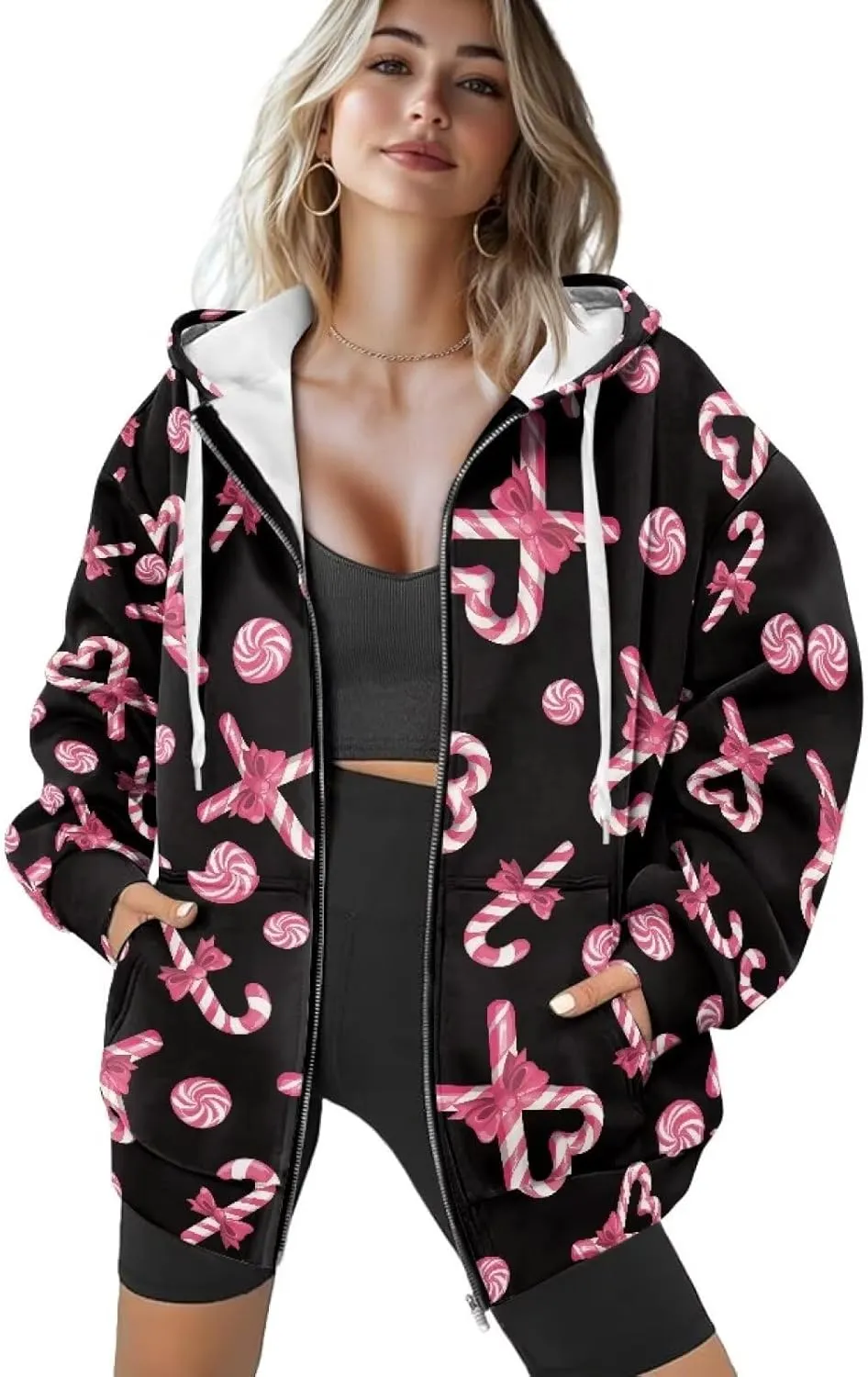 Christmas Candy Print Zip up Hoodie Women Long Sleeve Loose Fitting Y2K Pullover Tops Sweatshirt with Front Pocket
