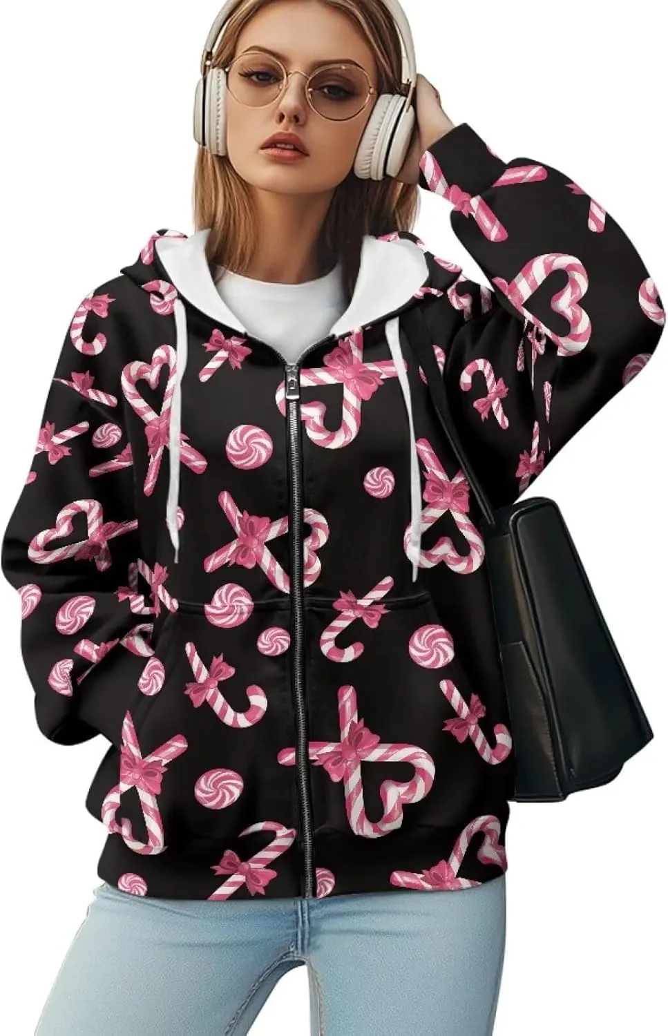 Christmas Candy Print Zip up Hoodie Women Long Sleeve Loose Fitting Y2K Pullover Tops Sweatshirt with Front Pocket