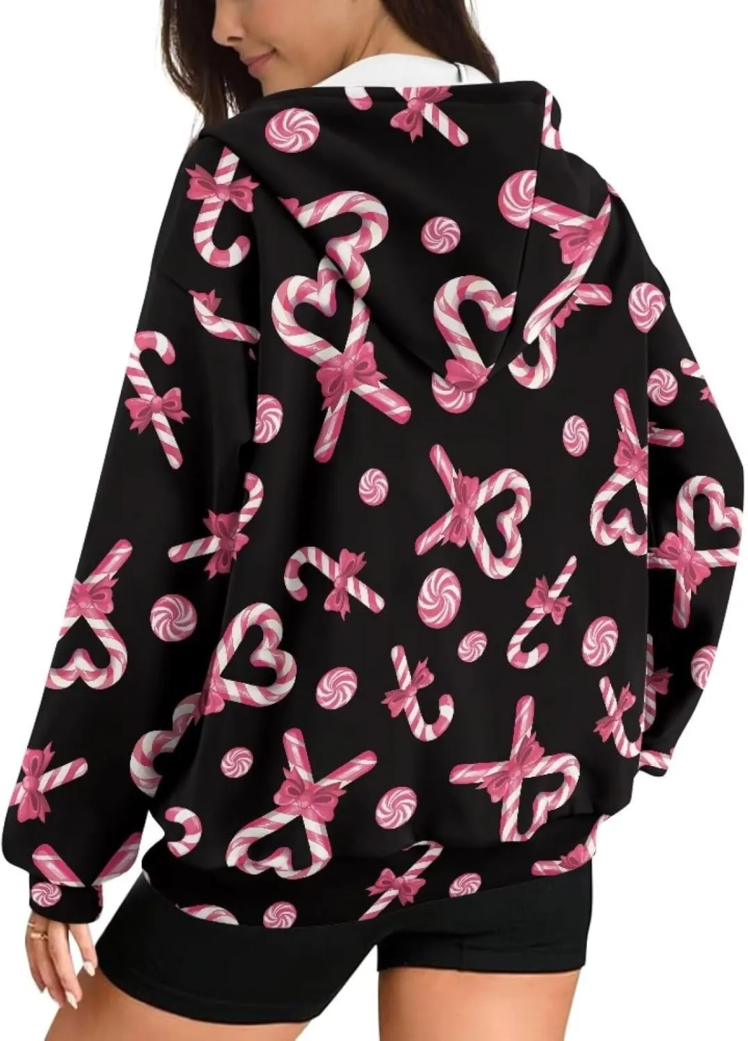 Christmas Candy Print Zip up Hoodie Women Long Sleeve Loose Fitting Y2K Pullover Tops Sweatshirt with Front Pocket