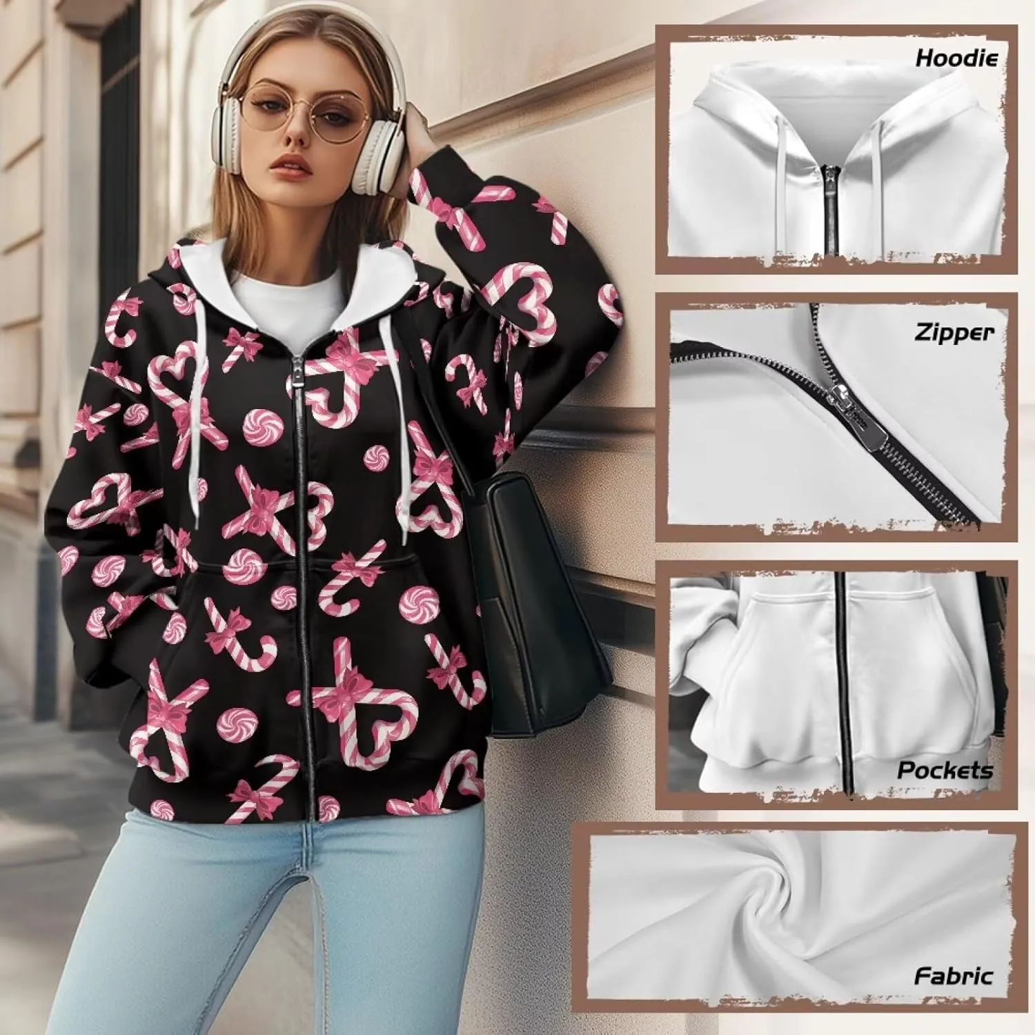 Christmas Candy Print Zip up Hoodie Women Long Sleeve Loose Fitting Y2K Pullover Tops Sweatshirt with Front Pocket