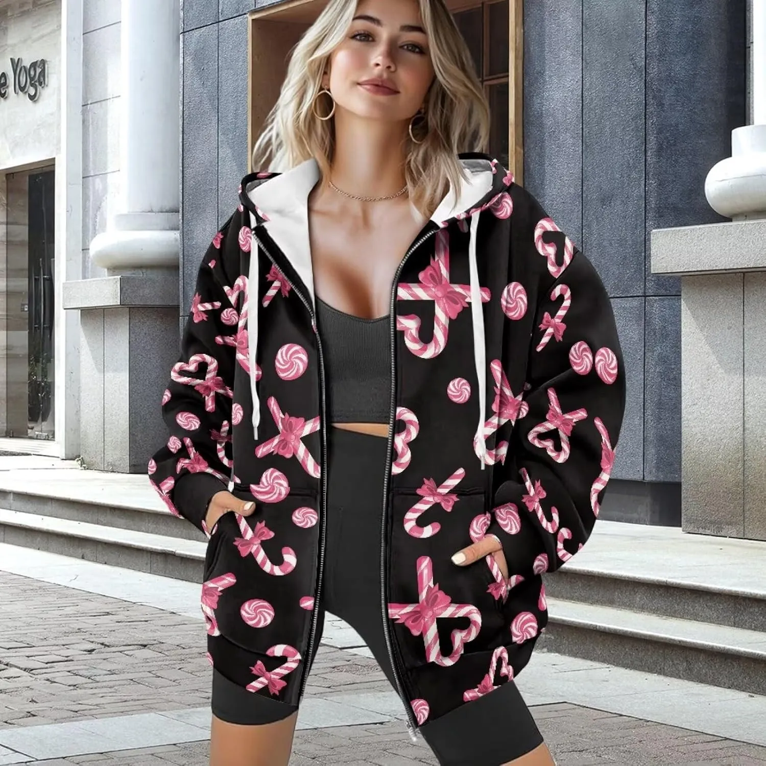 Christmas Candy Print Zip up Hoodie Women Long Sleeve Loose Fitting Y2K Pullover Tops Sweatshirt with Front Pocket