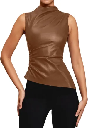 CORIRESHA Women's Faux Leather Pleated Sleeveless Asymmetrical Mock Neck Slim Tank Top