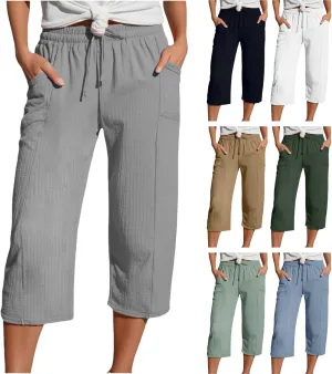 Cotton Linen Capri Pants for Women 2025 Summer Casual Plus Size Capris Wide Leg High Waisted Drawstring Crop Pants