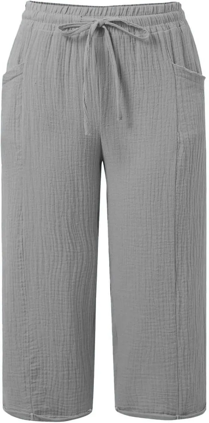 Cotton Linen Capri Pants for Women 2025 Summer Casual Plus Size Capris Wide Leg High Waisted Drawstring Crop Pants