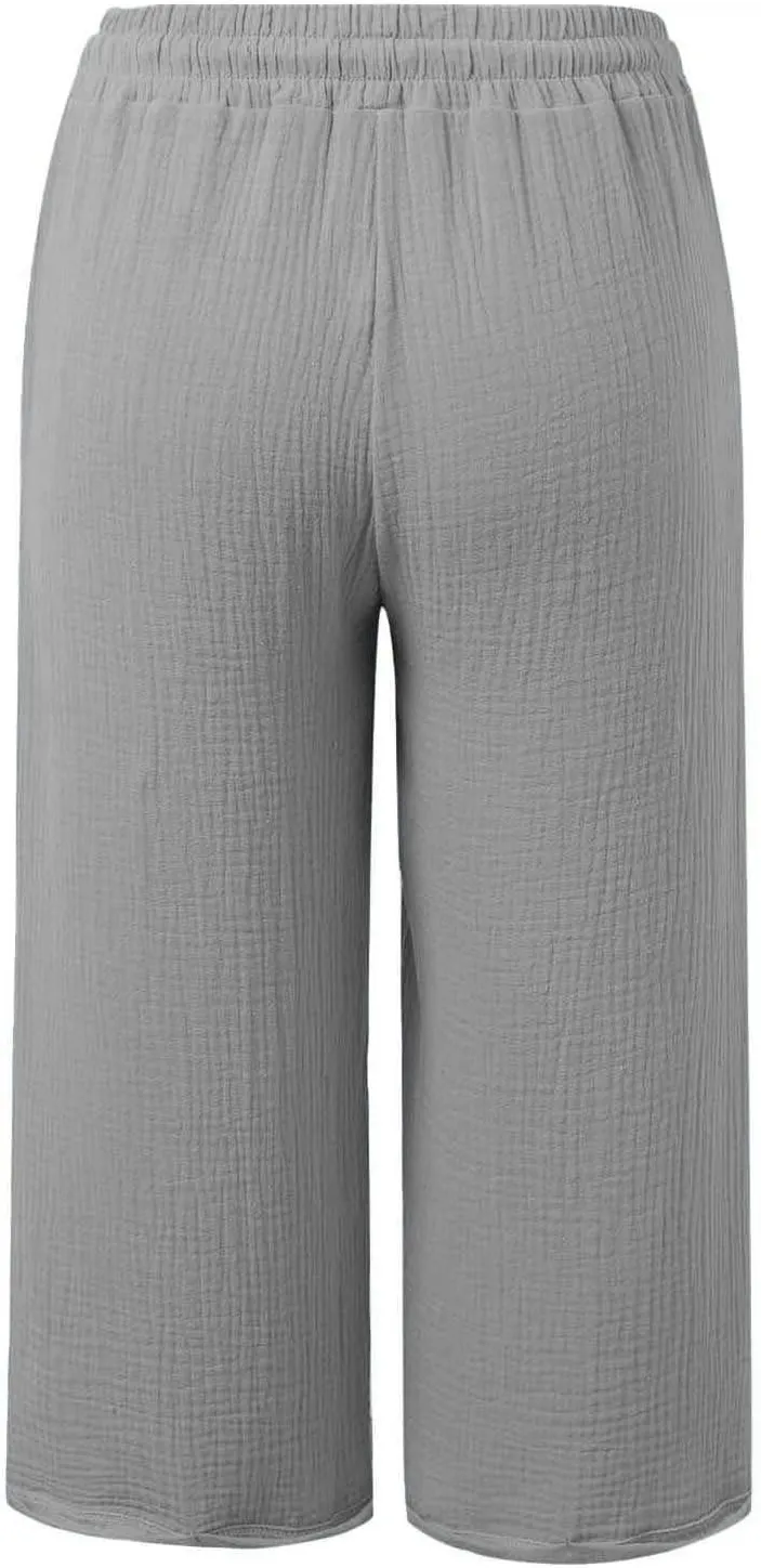 Cotton Linen Capri Pants for Women 2025 Summer Casual Plus Size Capris Wide Leg High Waisted Drawstring Crop Pants