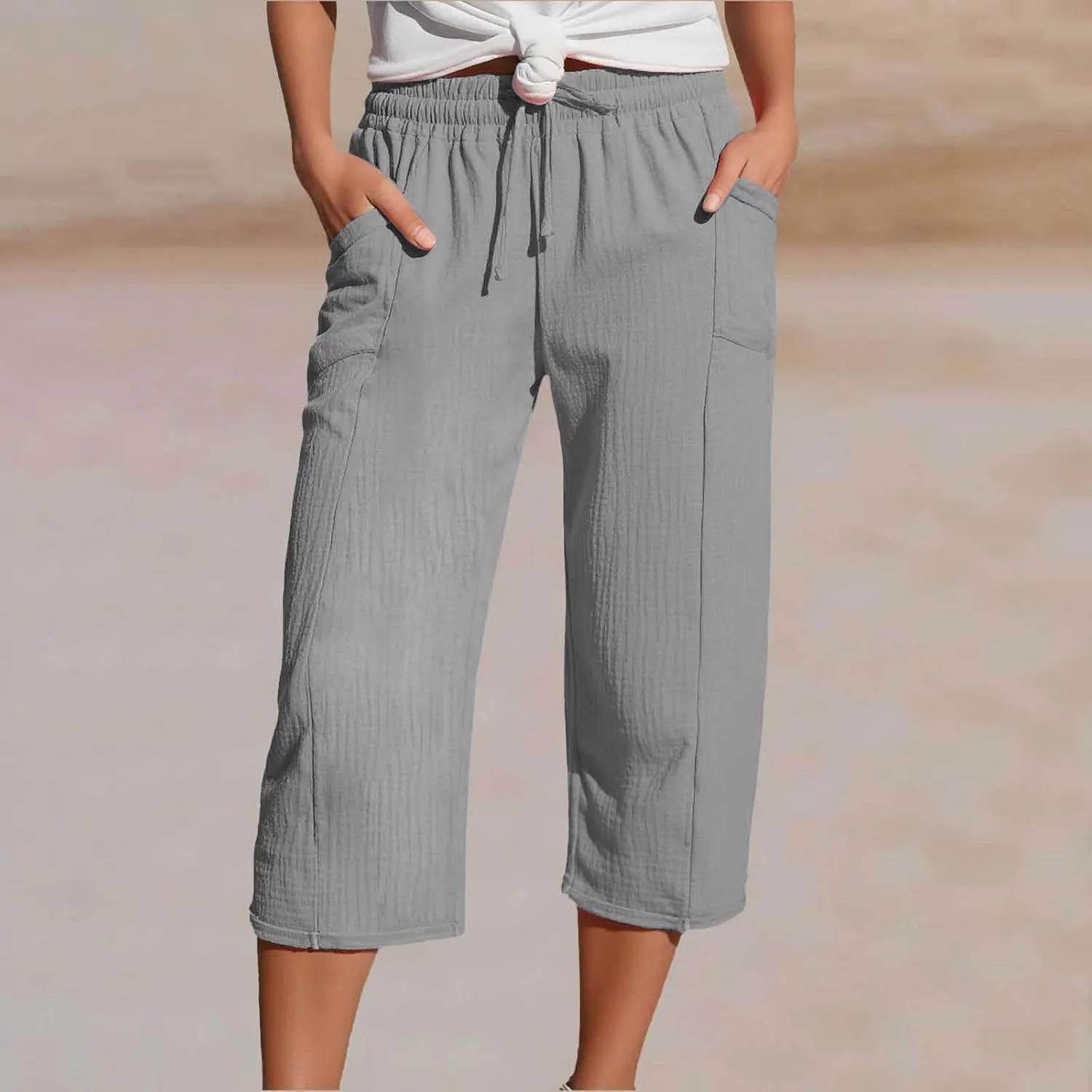 Cotton Linen Capri Pants for Women 2025 Summer Casual Plus Size Capris Wide Leg High Waisted Drawstring Crop Pants