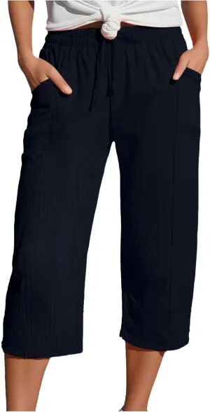 Cotton Linen Capri Pants for Women 2025 Summer Casual Plus Size Capris Wide Leg High Waisted Drawstring Crop Pants