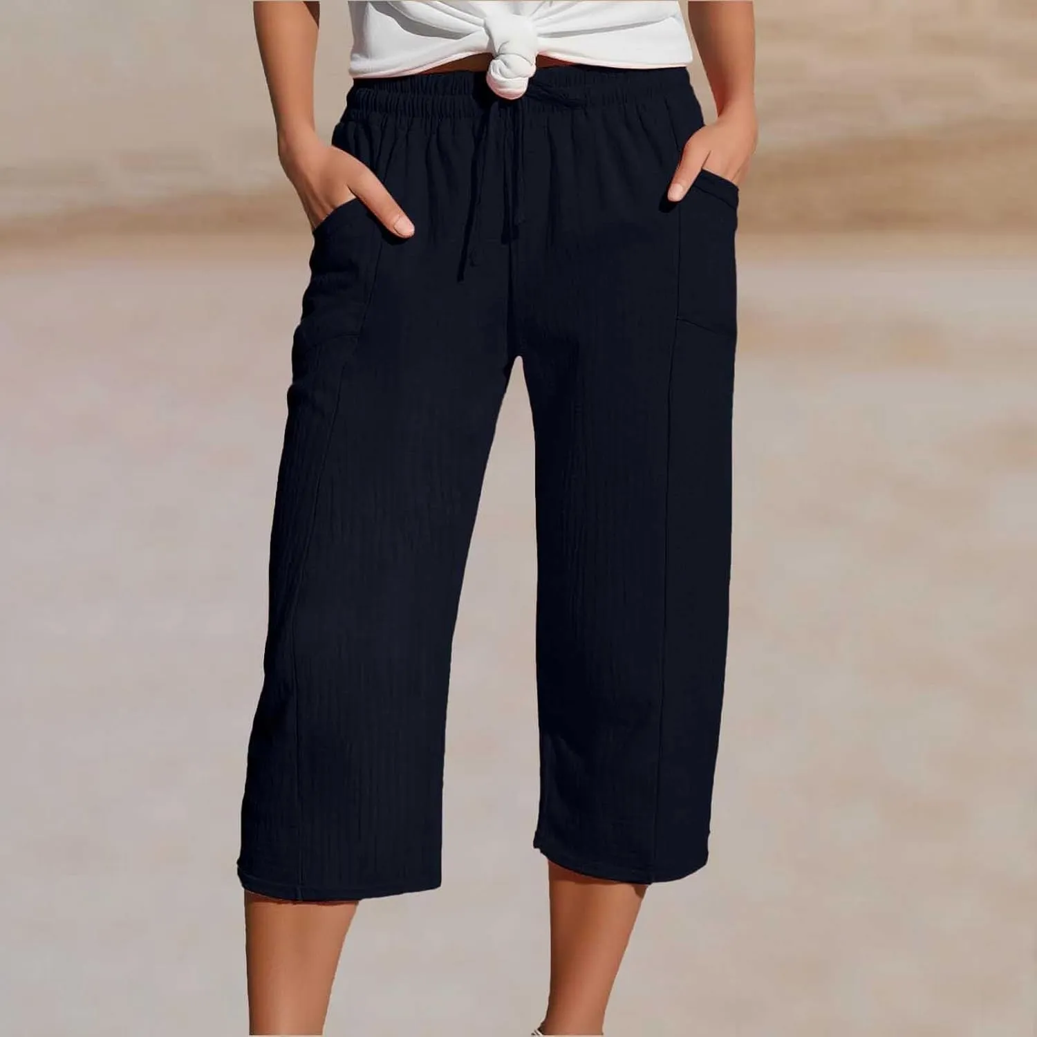 Cotton Linen Capri Pants for Women 2025 Summer Casual Plus Size Capris Wide Leg High Waisted Drawstring Crop Pants