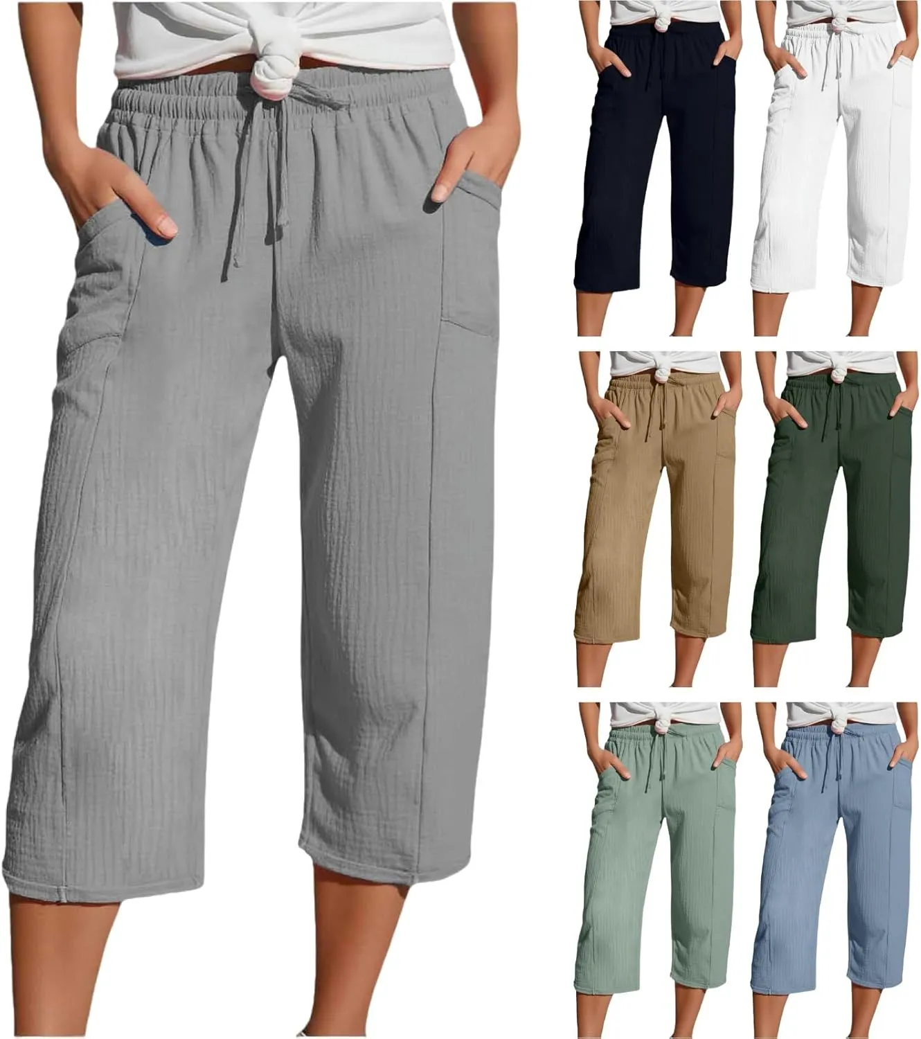 Cotton Linen Capri Pants for Women 2025 Summer Casual Plus Size Capris Wide Leg High Waisted Drawstring Crop Pants