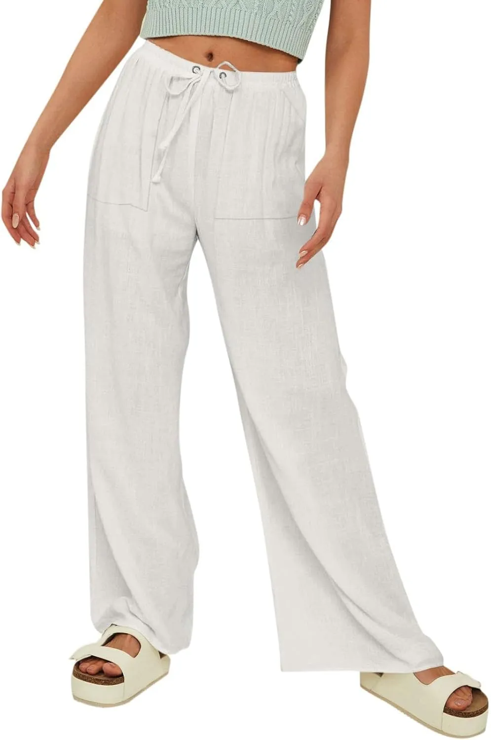Cotton Linen Pants for Women Comfy Sweatpants Casual Loose Wide Leg Trousers with Pockets Summer Loose Beach Pants