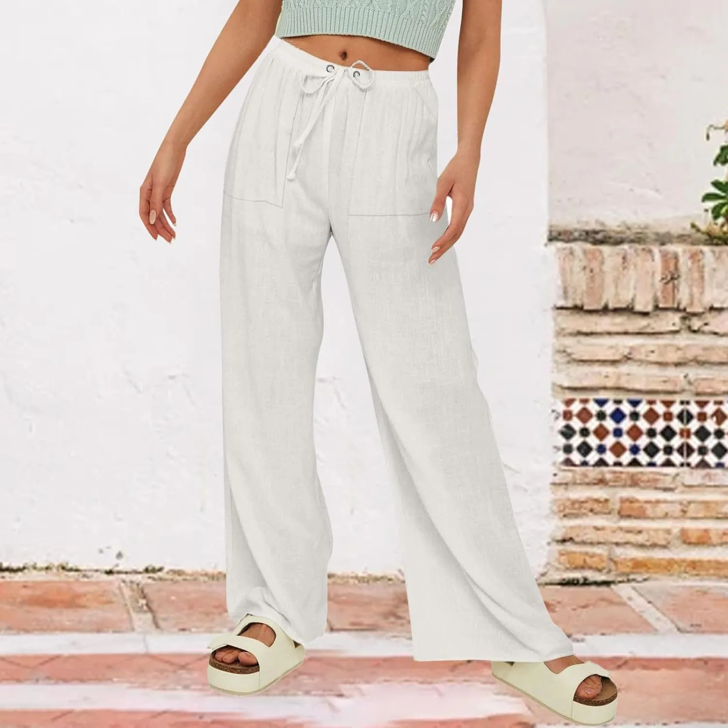 Cotton Linen Pants for Women Comfy Sweatpants Casual Loose Wide Leg Trousers with Pockets Summer Loose Beach Pants