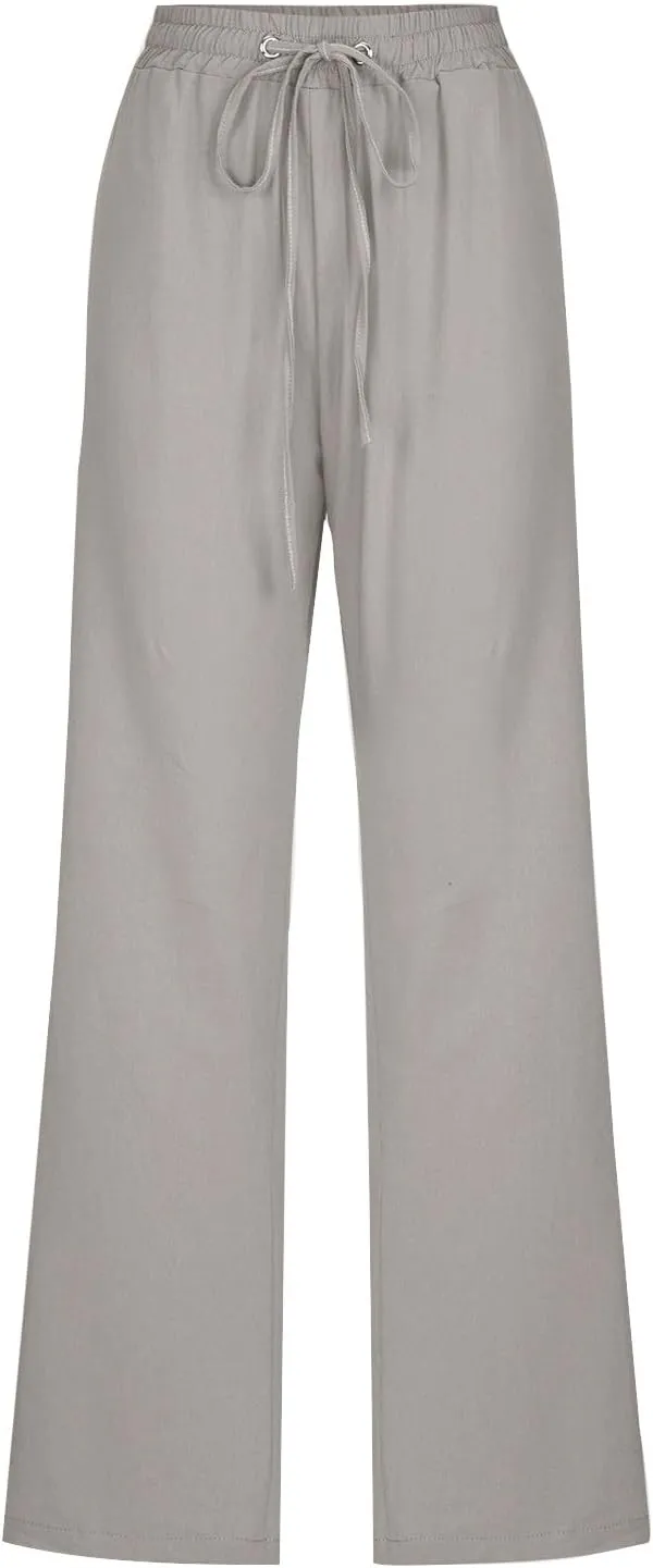 Cotton Linen Pants for Women Drawstring Elastic Waist Loose Fit Trouser Straight Wide Leg Trousers Casual Pants 2025