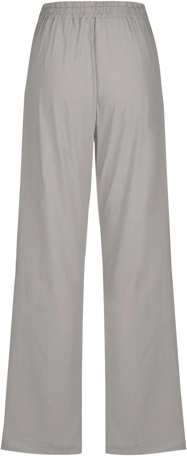 Cotton Linen Pants for Women Drawstring Elastic Waist Loose Fit Trouser Straight Wide Leg Trousers Casual Pants 2025