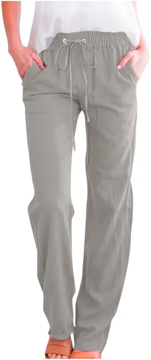 Cotton Linen Pants for Women Drawstring Elastic Waist Loose Fit Trouser Straight Wide Leg Trousers Casual Pants 2025