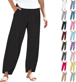 Cotton Linen Pants for Women Summer Casual Capri Pants High Waist Elastic Comfy Loose Palazzo Trousers with Pockets