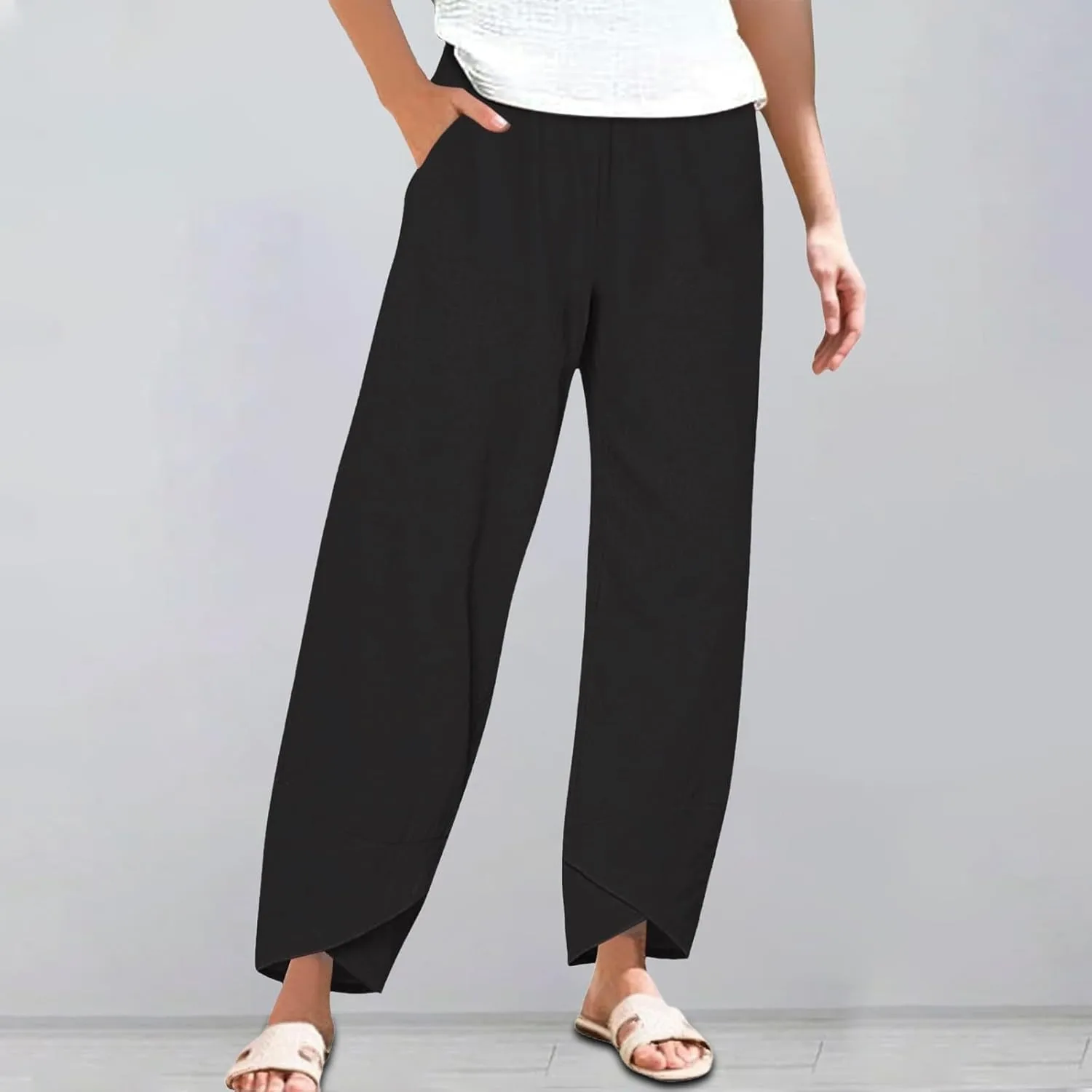 Cotton Linen Pants for Women Summer Casual Capri Pants High Waist Elastic Comfy Loose Palazzo Trousers with Pockets
