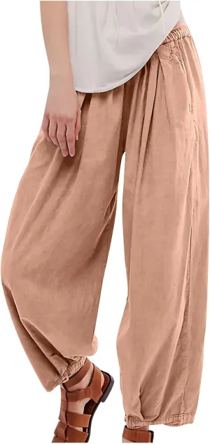 Cotton Linen Pants Women 2024 Casual Trendy Elastic Waist Pleated Long Trousers Fall Solid Color Wide Leg Pants