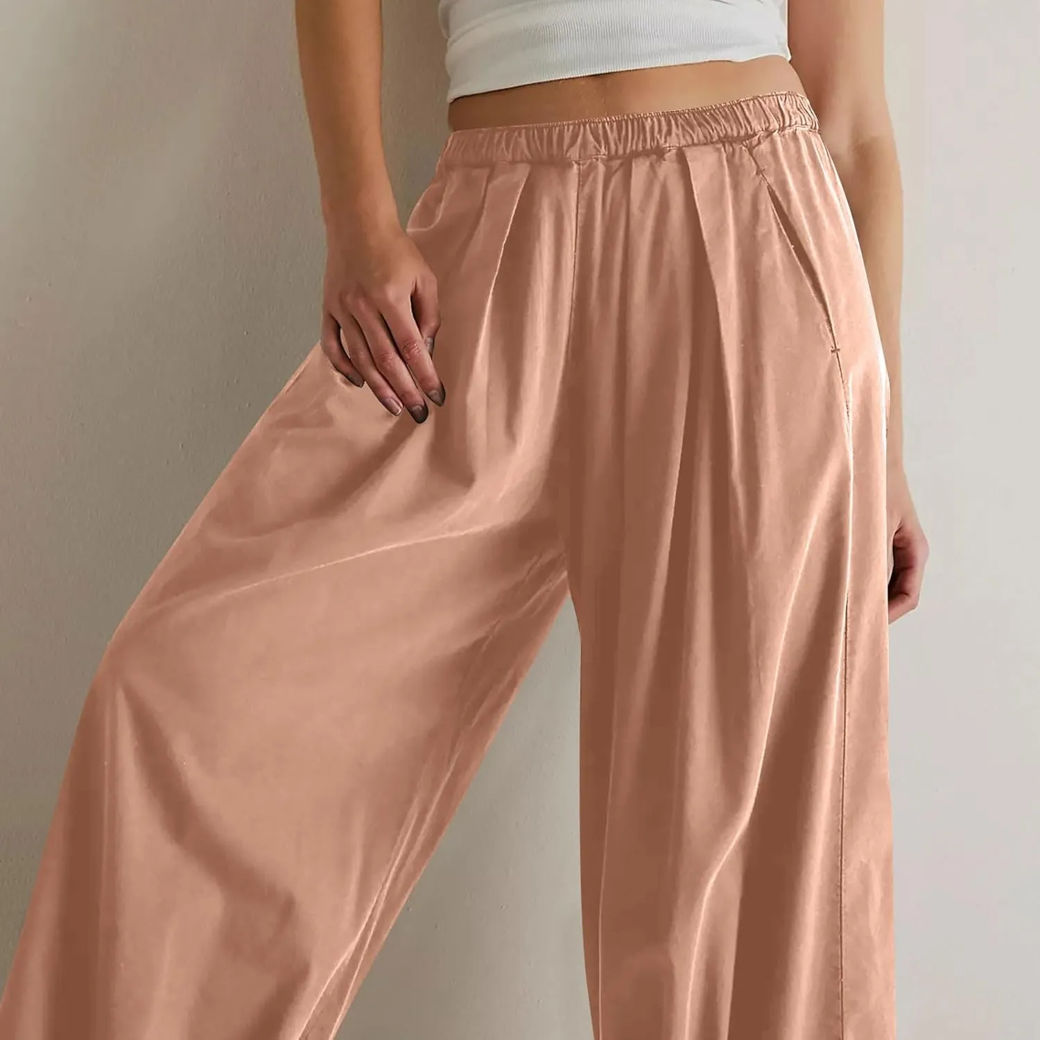 Cotton Linen Pants Women 2024 Casual Trendy Elastic Waist Pleated Long Trousers Fall Solid Color Wide Leg Pants