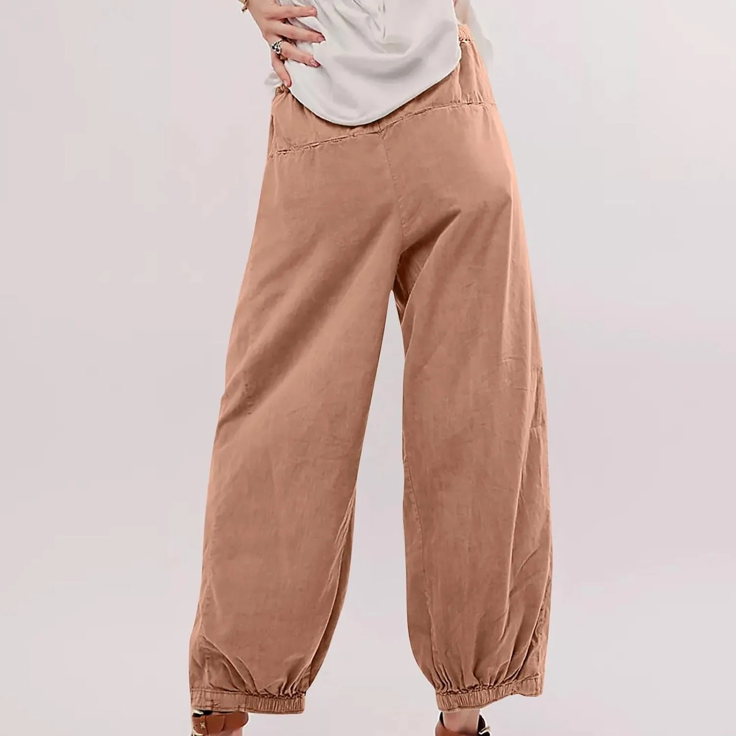 Cotton Linen Pants Women 2024 Casual Trendy Elastic Waist Pleated Long Trousers Fall Solid Color Wide Leg Pants