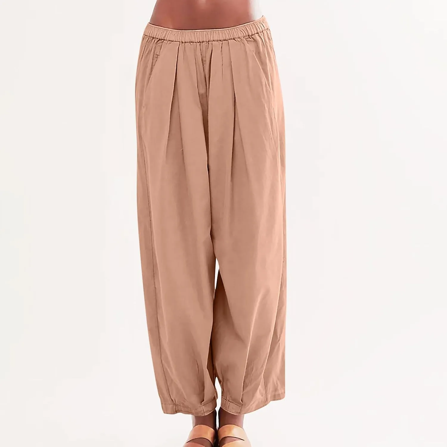 Cotton Linen Pants Women 2024 Casual Trendy Elastic Waist Pleated Long Trousers Fall Solid Color Wide Leg Pants