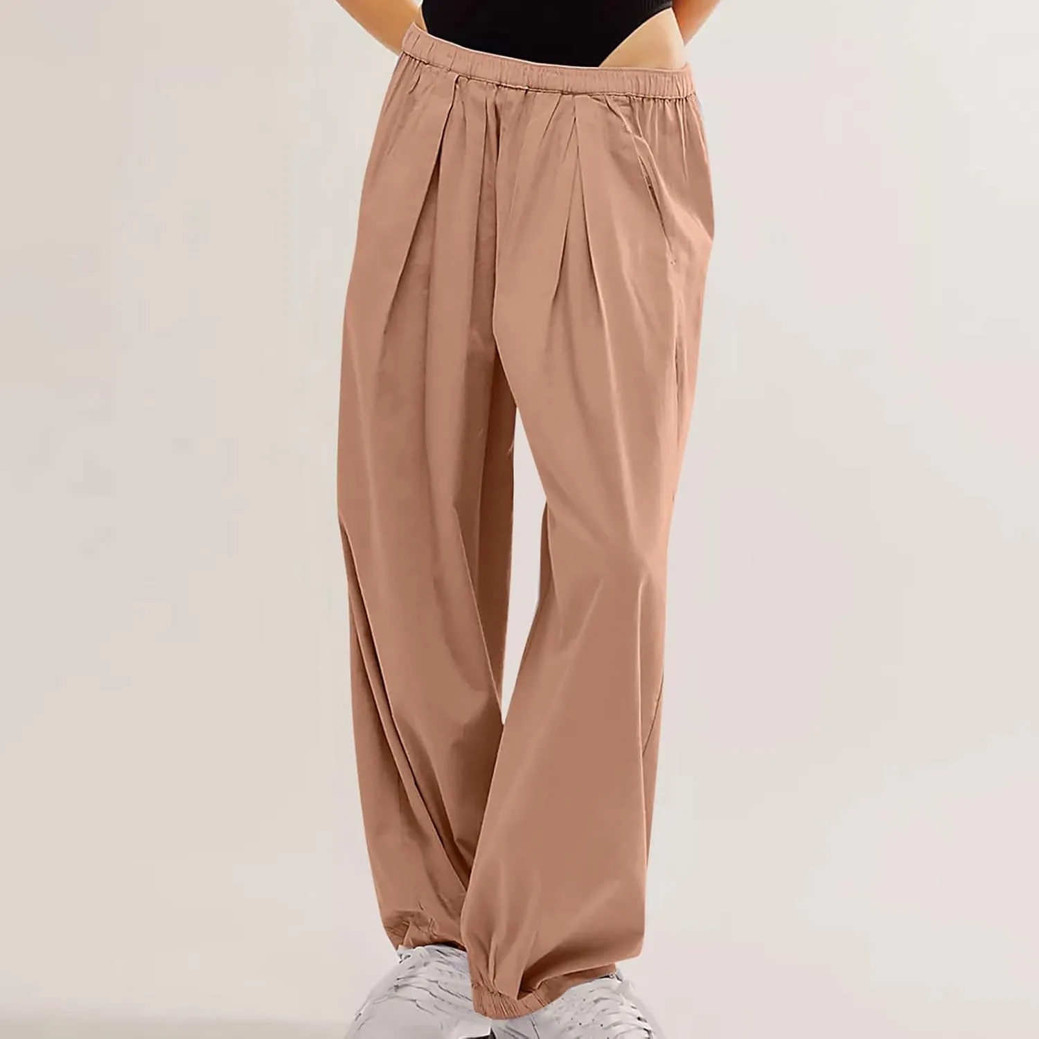 Cotton Linen Pants Women 2024 Casual Trendy Elastic Waist Pleated Long Trousers Fall Solid Color Wide Leg Pants