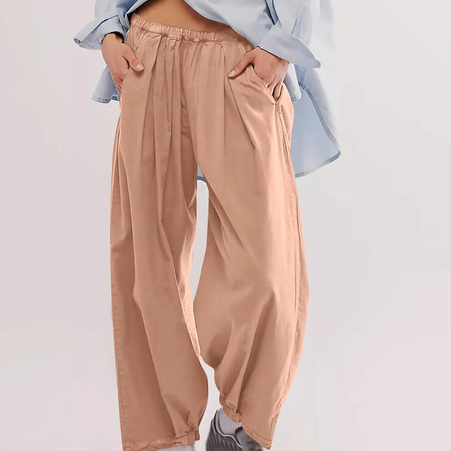 Cotton Linen Pants Women 2024 Casual Trendy Elastic Waist Pleated Long Trousers Fall Solid Color Wide Leg Pants