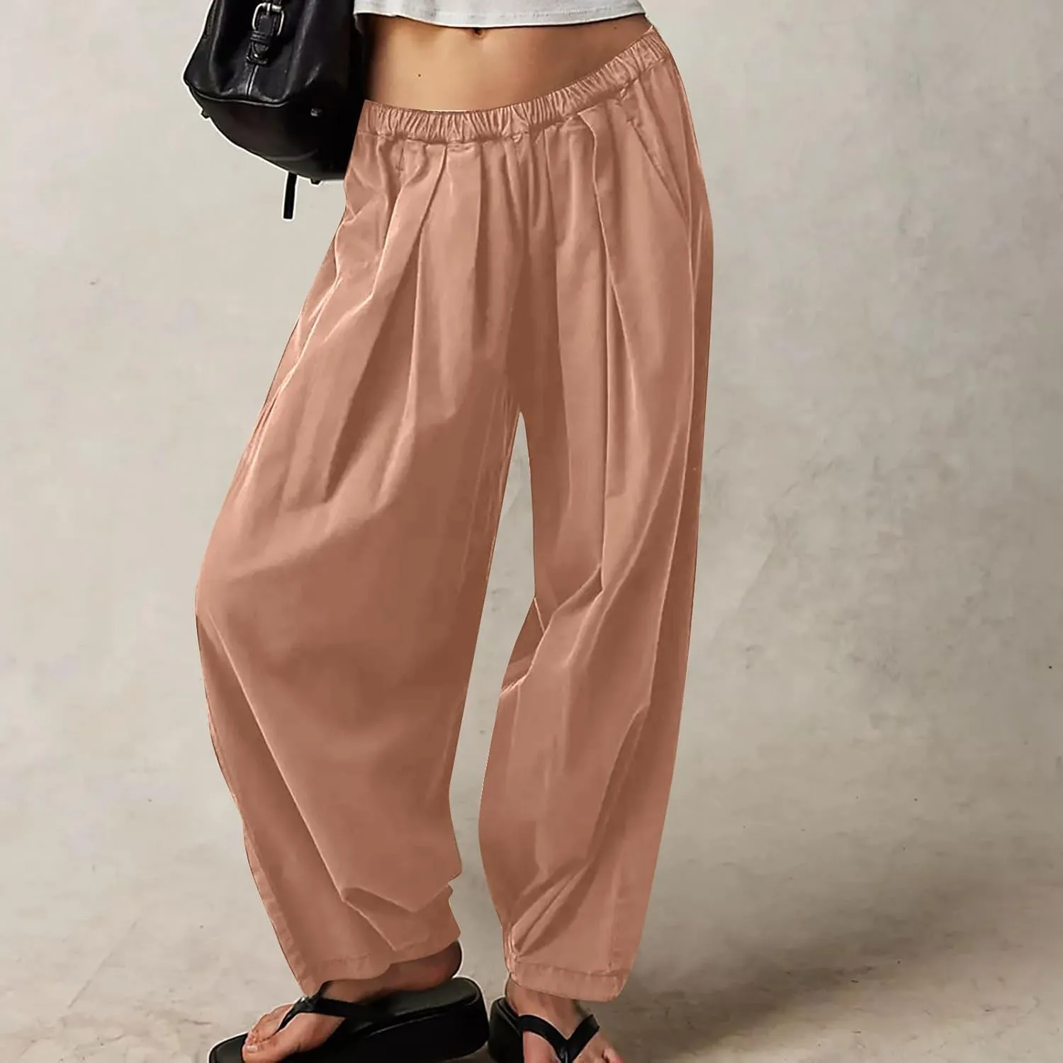 Cotton Linen Pants Women 2024 Casual Trendy Elastic Waist Pleated Long Trousers Fall Solid Color Wide Leg Pants