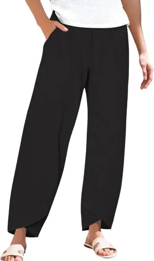 Cotton Linen Pants Women Summer Plus Size Lightweight Lounge Pant Hight Waist Vacation Beach Trousers with Pockets