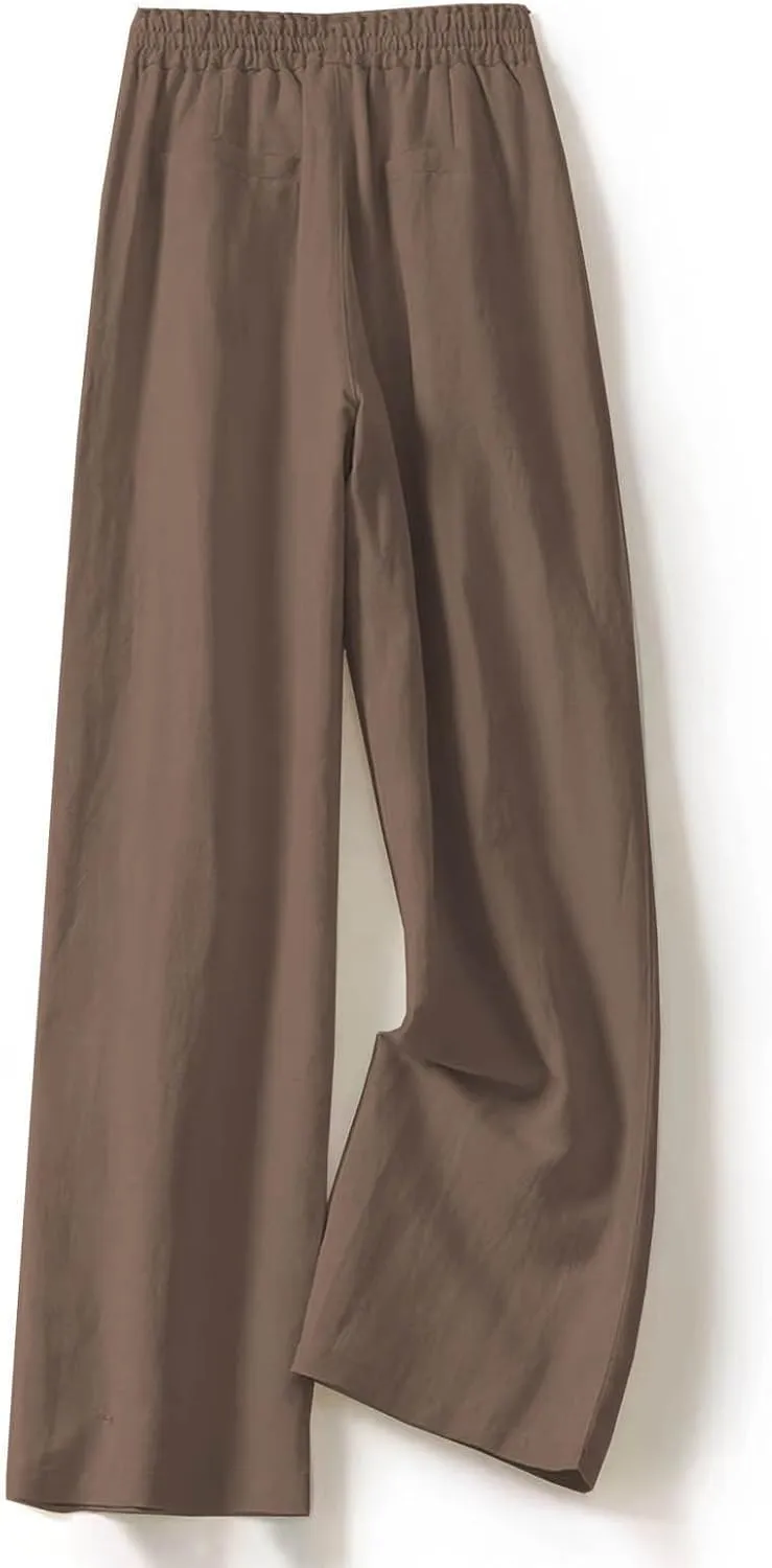 Cotton Linen Wide Leg Pants for Women Summer Casual Yoga Palazzo Pants High Waist Straight Leg Trousers with Pockets