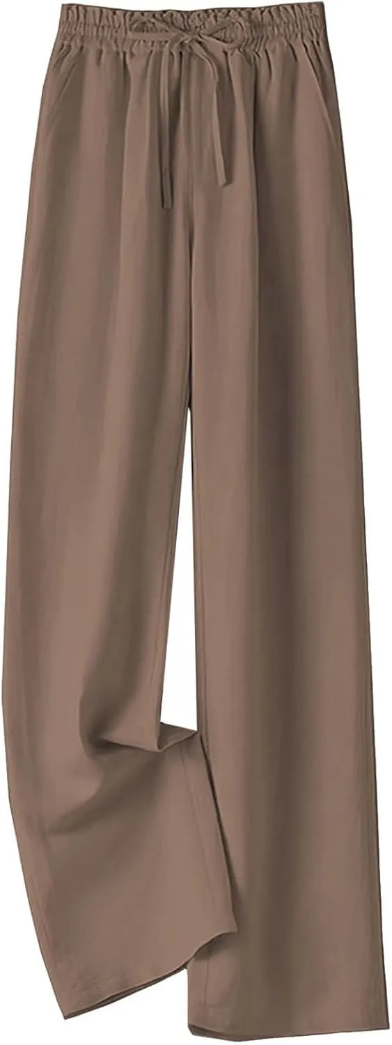 Cotton Linen Wide Leg Pants for Women Summer Casual Yoga Palazzo Pants High Waist Straight Leg Trousers with Pockets