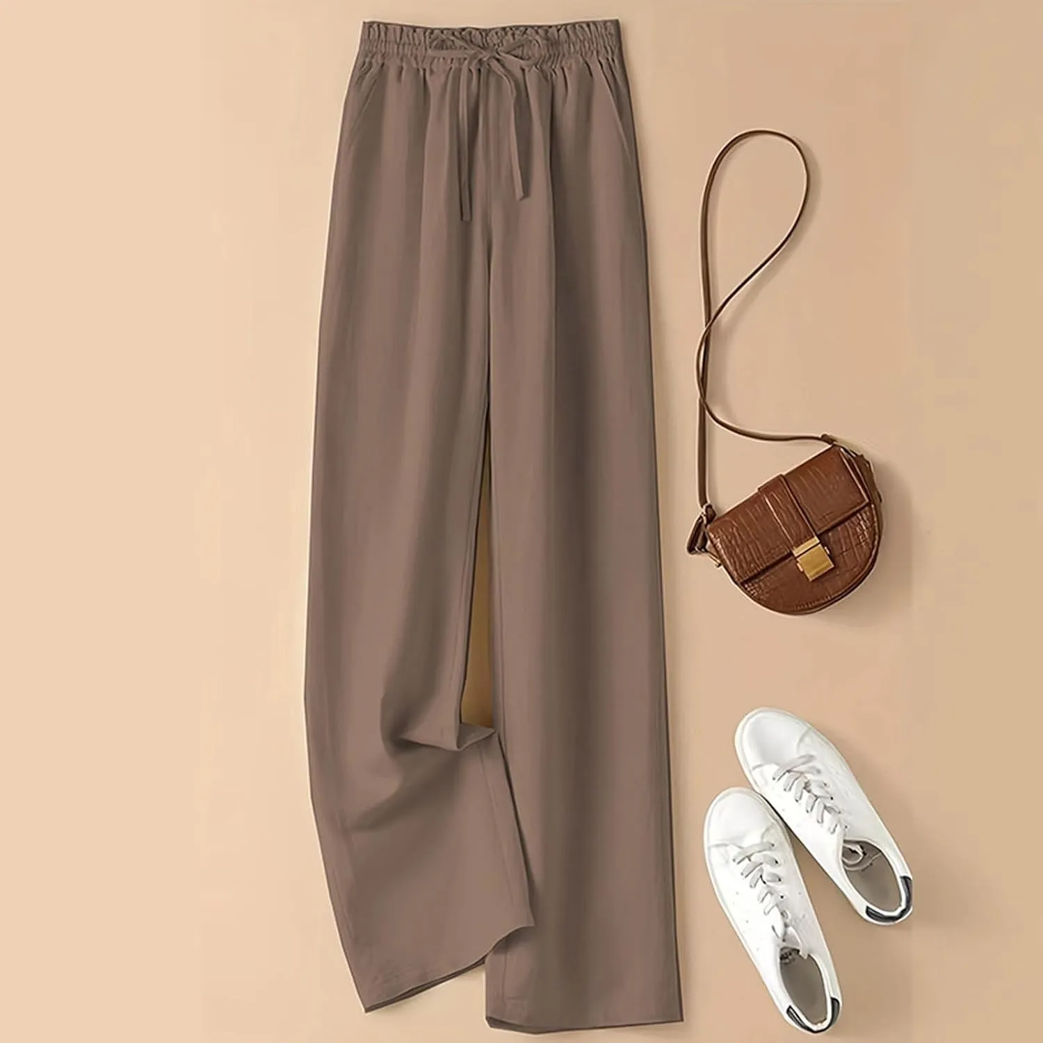 Cotton Linen Wide Leg Pants for Women Summer Casual Yoga Palazzo Pants High Waist Straight Leg Trousers with Pockets