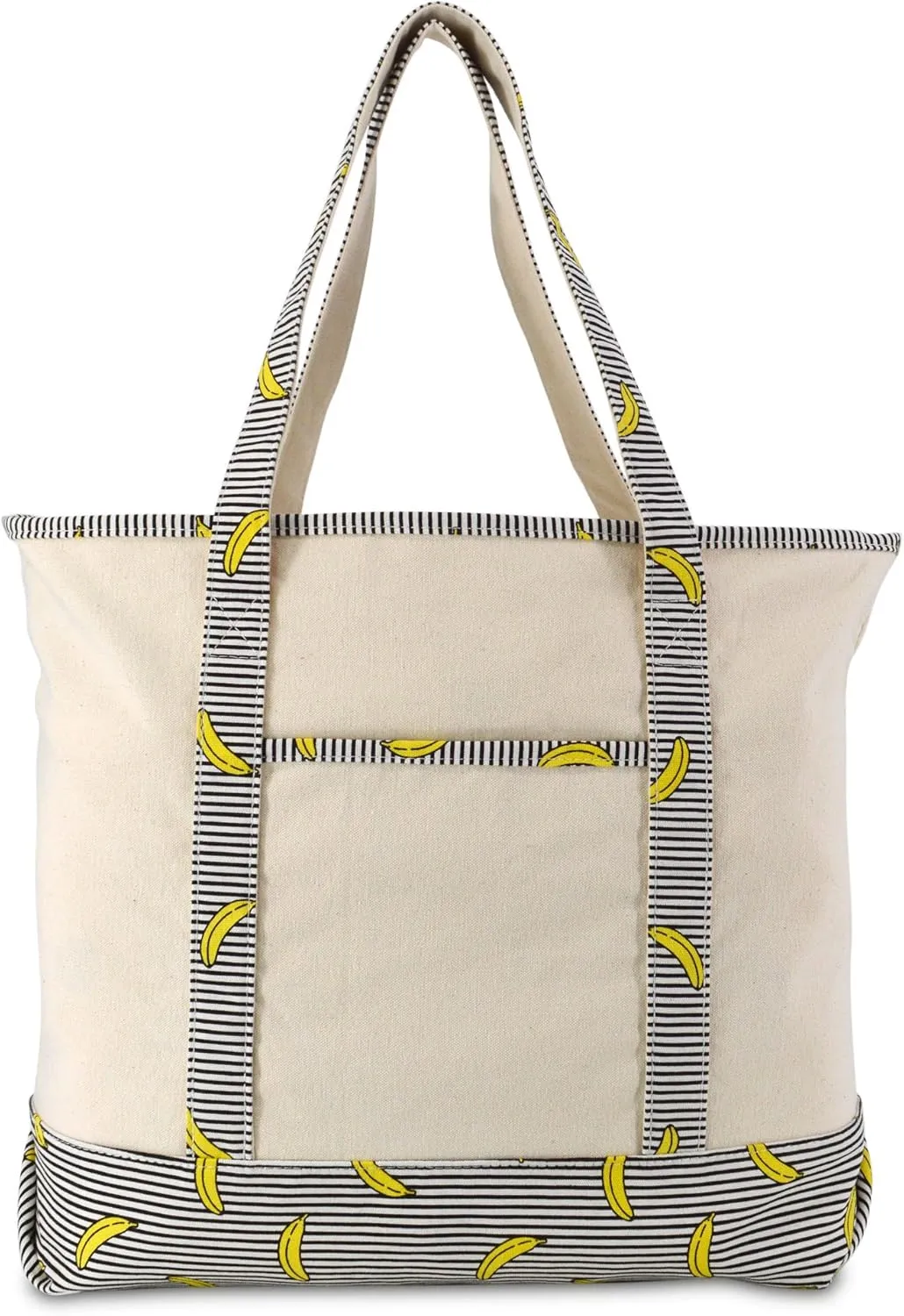 DALIX 22" Shopping Tote Bag in Heavy Cotton Canvas (Zippered Top) Striped Banana